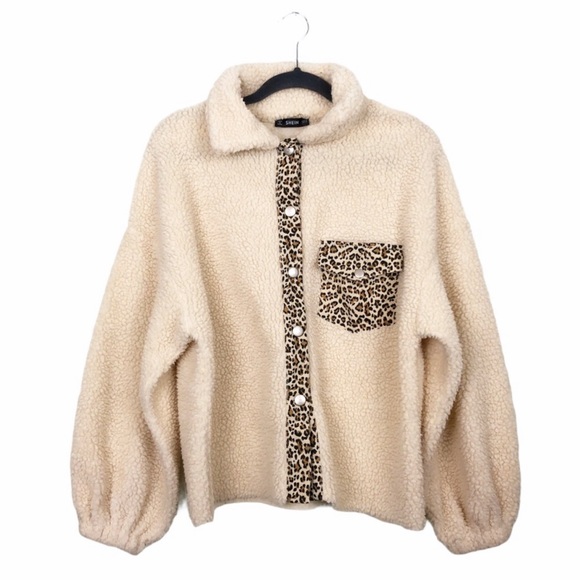 Shein- Teddy Leopard Faux Sherpa Button Up Jacket - Picture 5 of 15